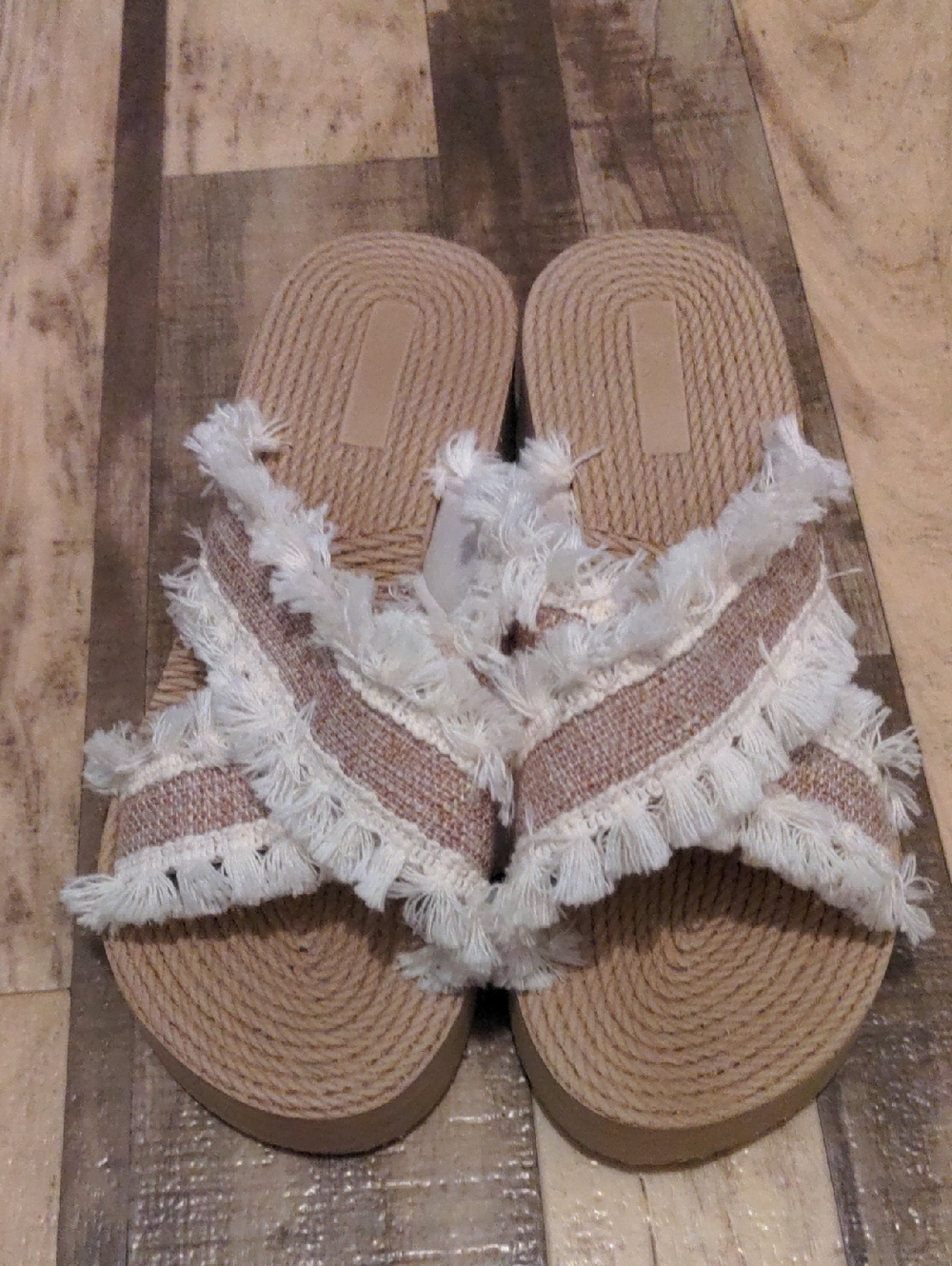 SHEIN Boho Fringe Burlap Crisscross Platform Slide Sandals